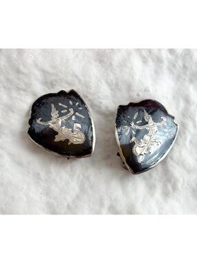 Siam Sterling Clip On Shield Shaped Vintage Mekkalah Thai Made 925 Earrings